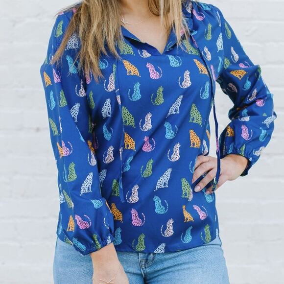 Michelle McDowell Sarah Leopard Love Top in Blue Multicolor sz XL WT127 - Picture 1 of 8